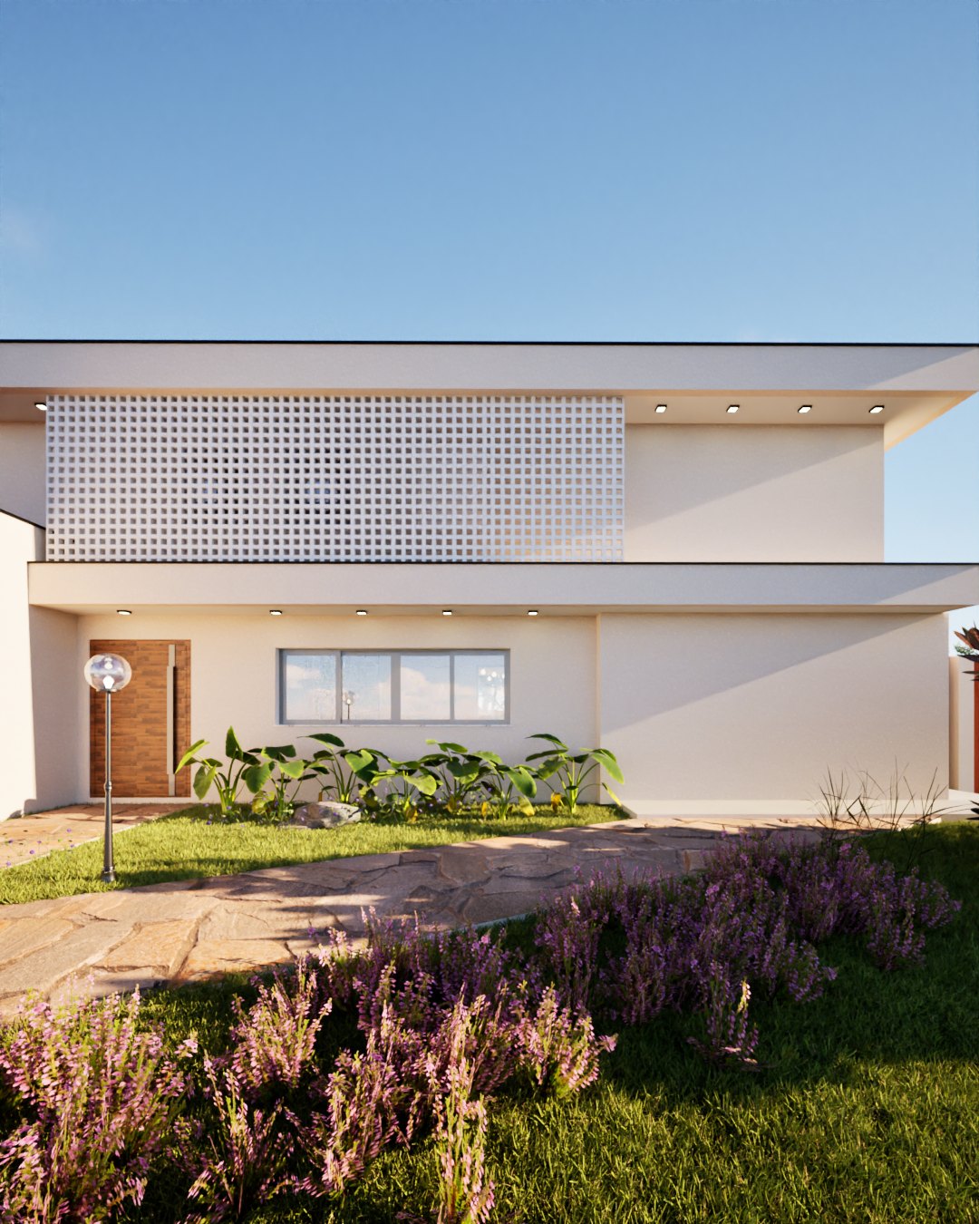 Fachada de la Casa Cobogó con panel de cobogós blancos, puerta de madera y jardín de lavandas