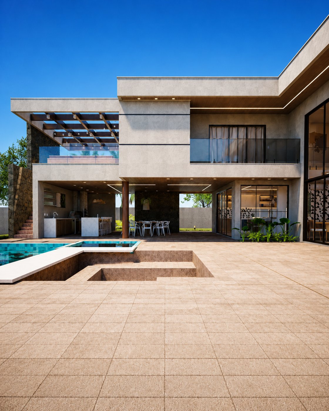 Área gourmet da Casa Raia com pergolado, cozinha e mesa voltadas para a piscina
