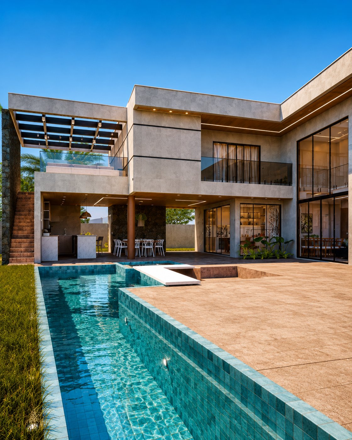 Piscina da Casa Raia em frente à área gourmet e aos grandes panos de vidro