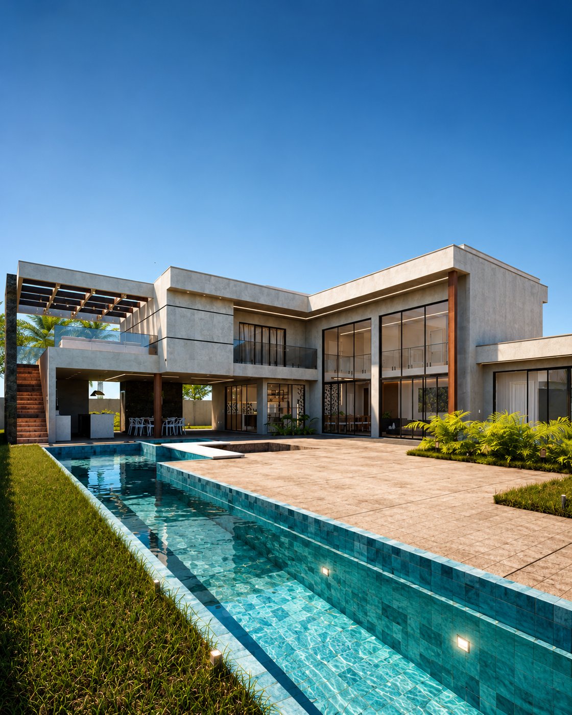 Área de lazer da Casa Raia com piscina longa revestida em pastilhas verdes e deck de pedra